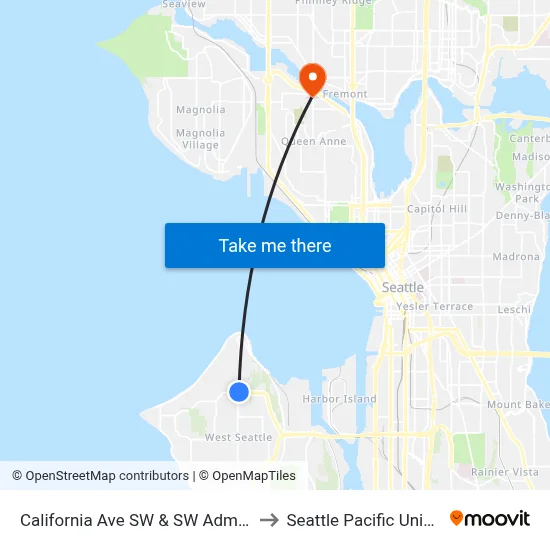 California Ave SW & SW Admiral Way to Seattle Pacific University map