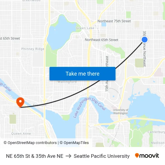 NE 65th St & 35th Ave NE to Seattle Pacific University map