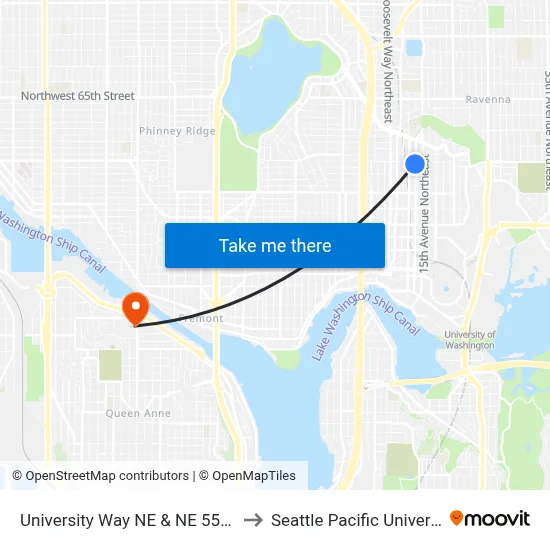 University Way NE & NE 55th St to Seattle Pacific University map