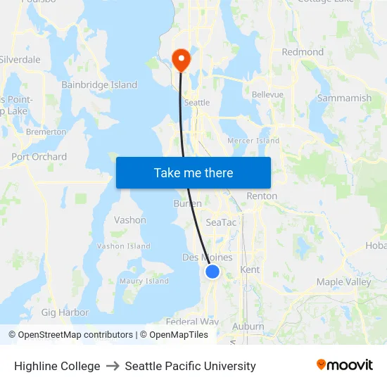 Highline College to Seattle Pacific University map