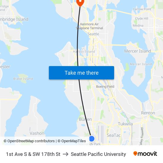 1st Ave S & SW 178th St to Seattle Pacific University map