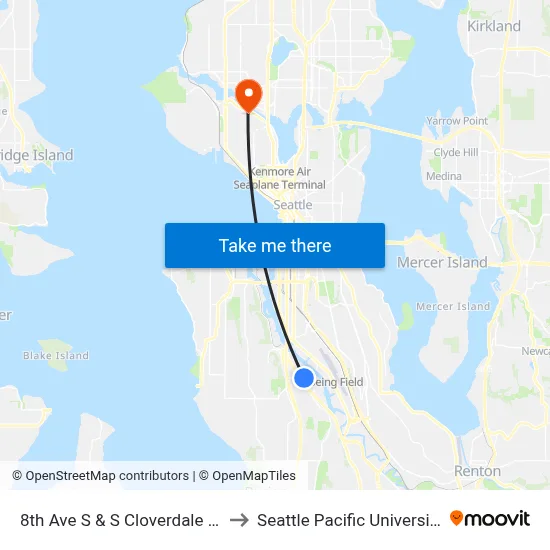 8th Ave S & S Cloverdale St to Seattle Pacific University map