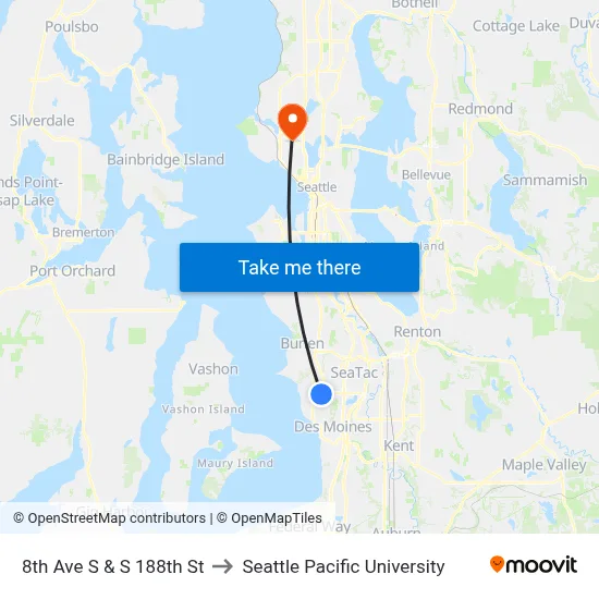 8th Ave S & S 188th St to Seattle Pacific University map