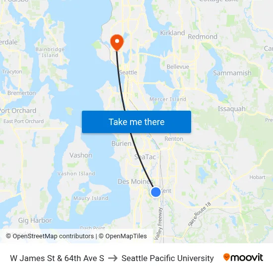 W James St & 64th Ave S to Seattle Pacific University map