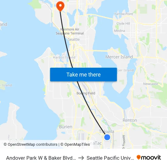 Andover Park W & Baker Blvd - Bay 2 to Seattle Pacific University map