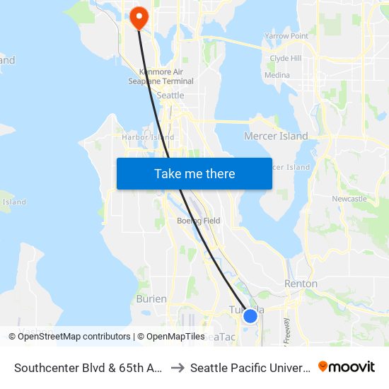 Southcenter Blvd & 65th Ave S to Seattle Pacific University map