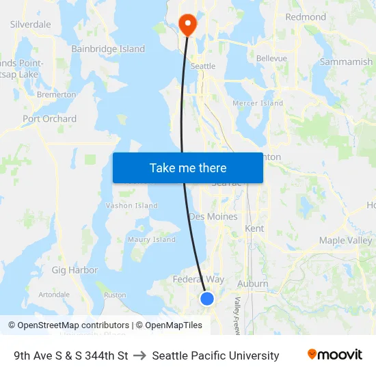 9th Ave S & S 344th St to Seattle Pacific University map