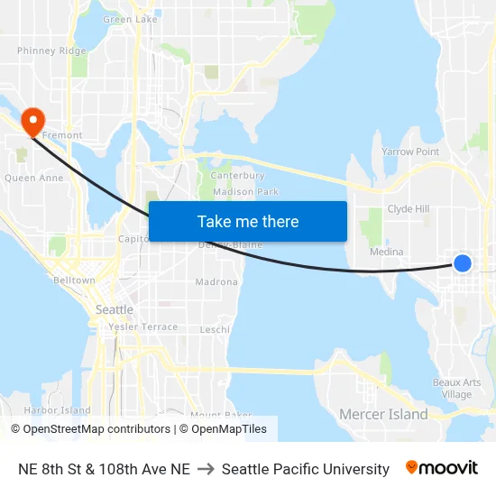 NE 8th St & 108th Ave NE to Seattle Pacific University map