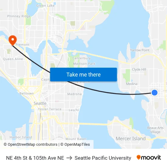 NE 4th St & 105th Ave NE to Seattle Pacific University map