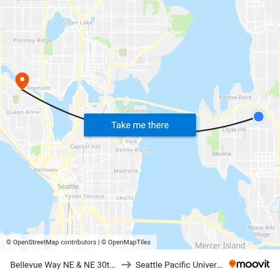 Bellevue Way NE & NE 30th Pl to Seattle Pacific University map