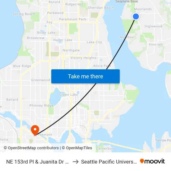 NE 153rd Pl & Juanita Dr NE to Seattle Pacific University map