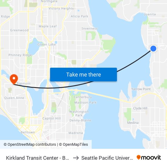 Kirkland Transit Center - Bay 2 to Seattle Pacific University map