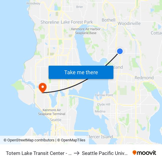 Totem Lake Transit Center - Bay 1 to Seattle Pacific University map