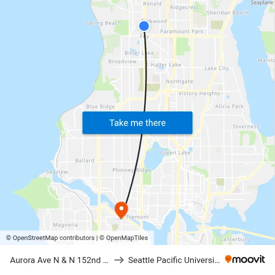 Aurora Ave N & N 152nd St to Seattle Pacific University map