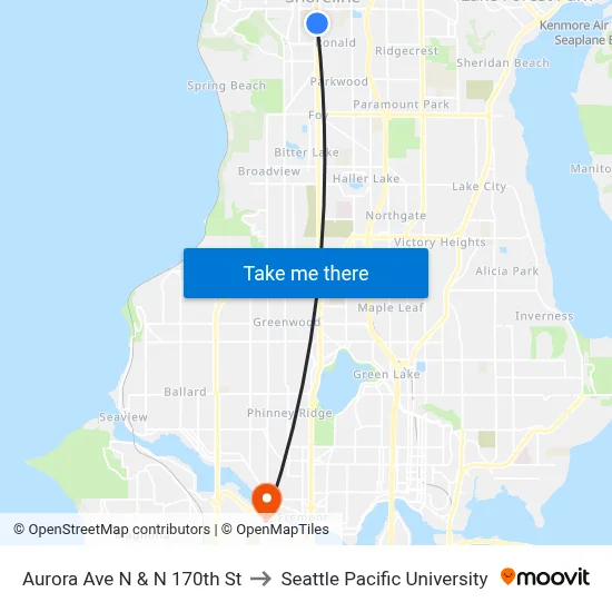 Aurora Ave N & N 170th St to Seattle Pacific University map