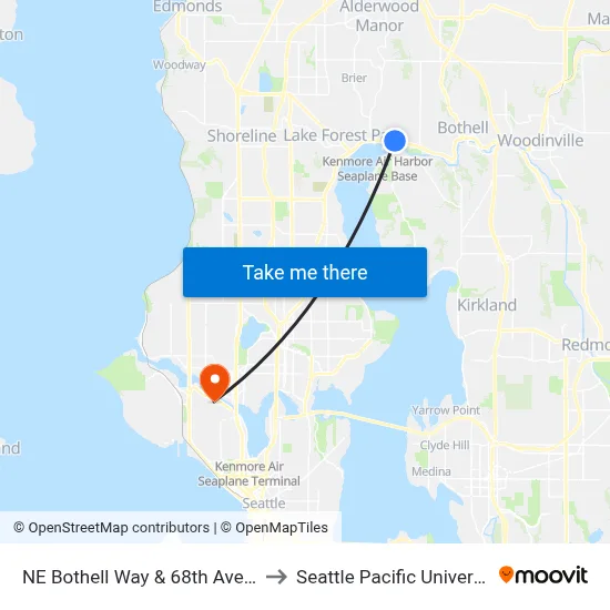 NE Bothell Way & 68th Ave NE to Seattle Pacific University map