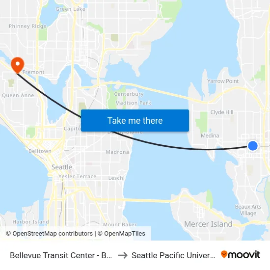 Bellevue Transit Center - Bay 1 to Seattle Pacific University map
