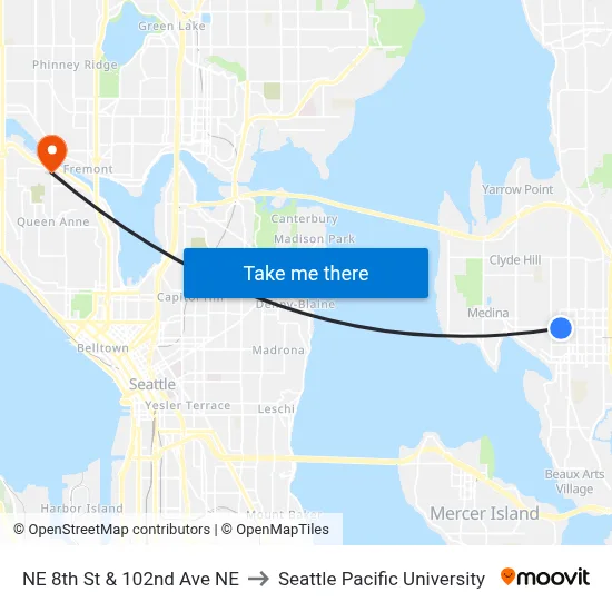 NE 8th St & 102nd Ave NE to Seattle Pacific University map