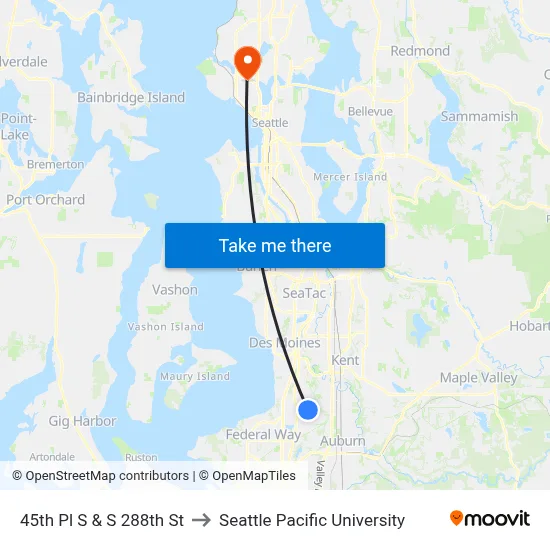 45th Pl S & S 288th St to Seattle Pacific University map