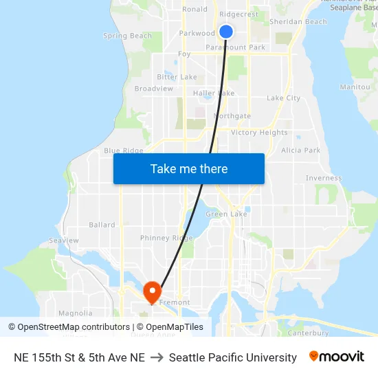 NE 155th St & 5th Ave NE to Seattle Pacific University map