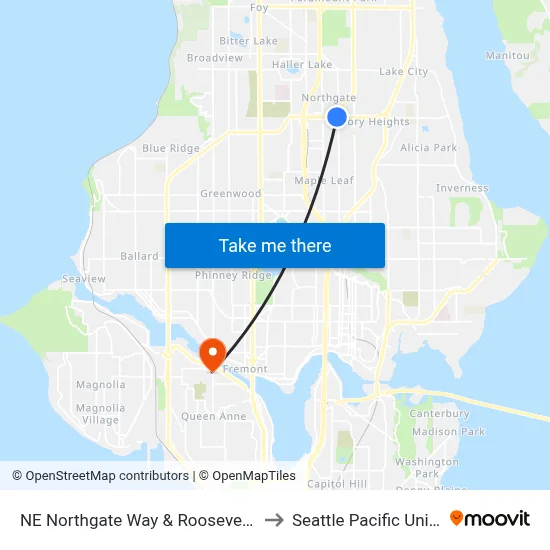 NE Northgate Way & Roosevelt Way NE to Seattle Pacific University map
