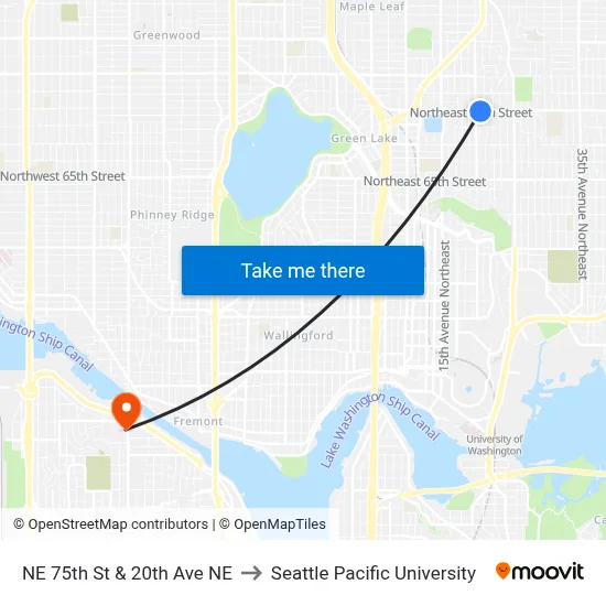 NE 75th St & 20th Ave NE to Seattle Pacific University map