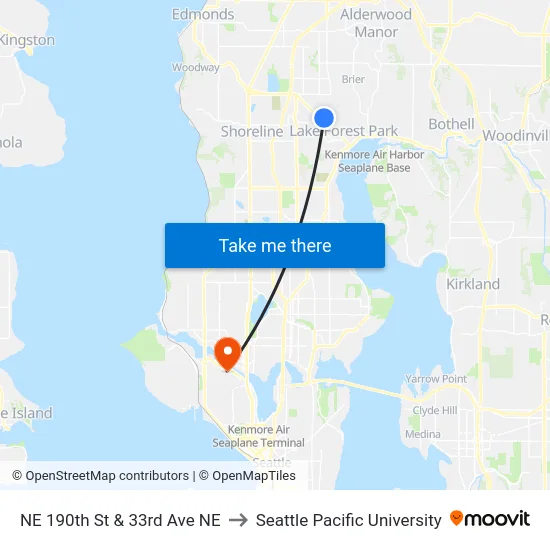 NE 190th St & 33rd Ave NE to Seattle Pacific University map