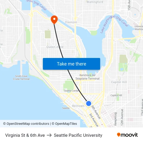 Virginia St & 6th Ave to Seattle Pacific University map