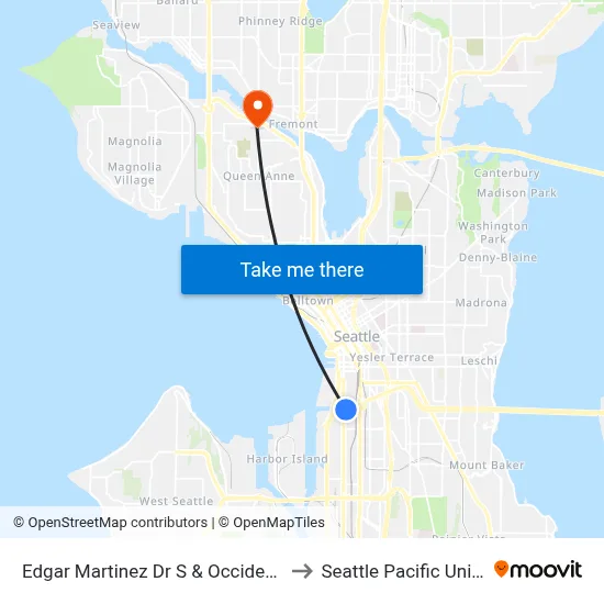 Edgar Martinez Dr S & Occidental Ave S to Seattle Pacific University map