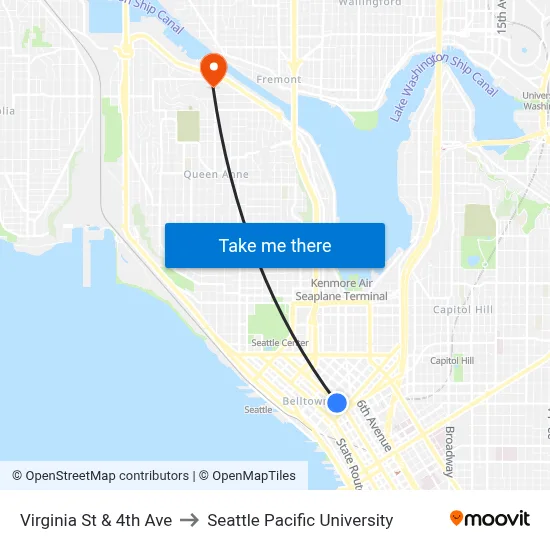 Virginia St & 4th Ave to Seattle Pacific University map
