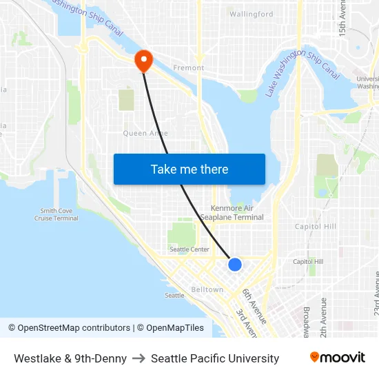 Westlake & 9th-Denny to Seattle Pacific University map