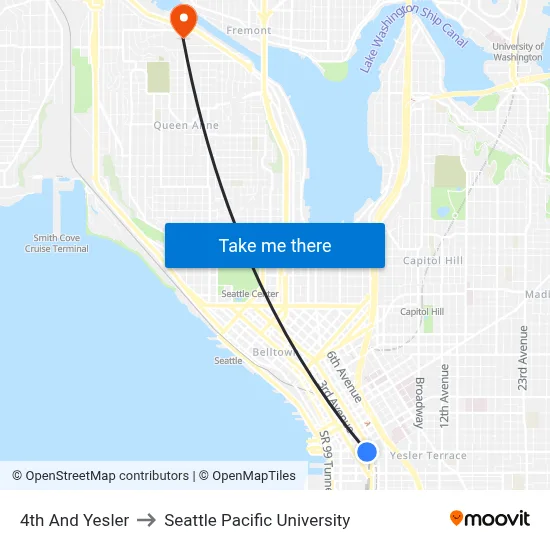 4th And Yesler to Seattle Pacific University map