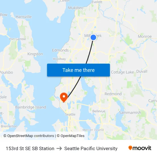 153rd St SE SB Station to Seattle Pacific University map