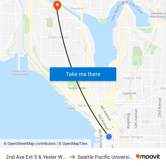 2nd Ave Ext S & Yesler Way to Seattle Pacific University map