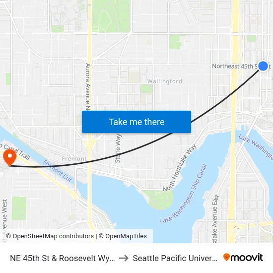 NE 45th St & Roosevelt Wy NE to Seattle Pacific University map