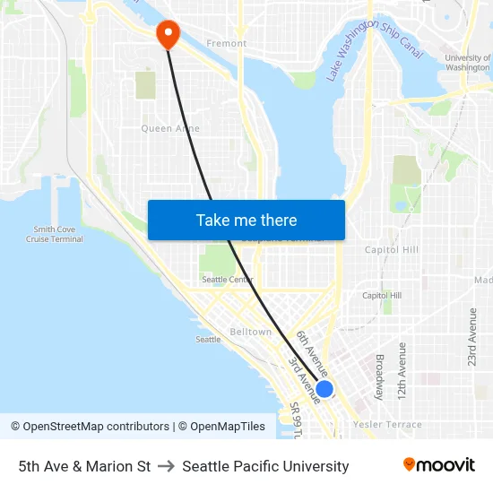 5th Ave & Marion St to Seattle Pacific University map
