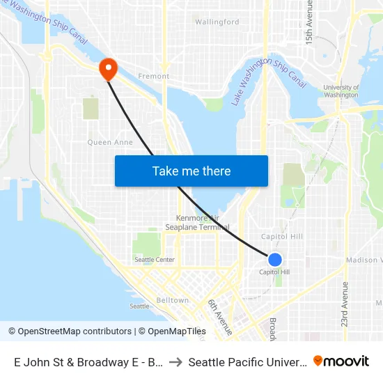 E John St & Broadway E - Bay 2 to Seattle Pacific University map