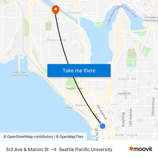 3rd Ave & Marion St to Seattle Pacific University map