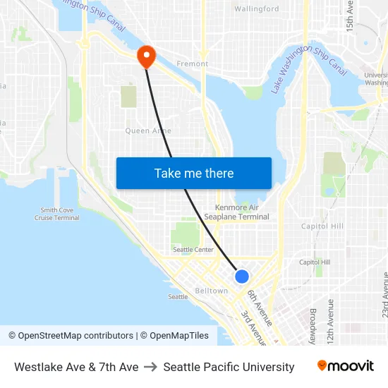 Westlake Ave & 7th Ave to Seattle Pacific University map