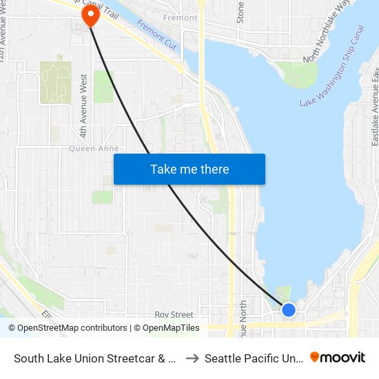 South Lake Union Streetcar & Terry Ave N to Seattle Pacific University map