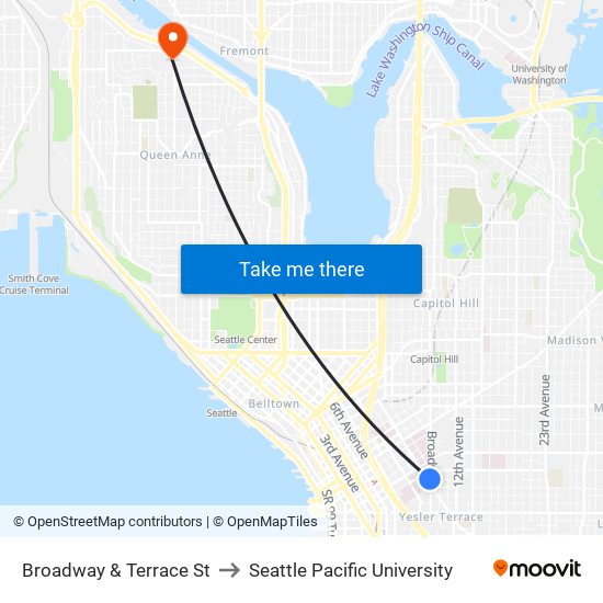 Broadway & Terrace St to Seattle Pacific University map