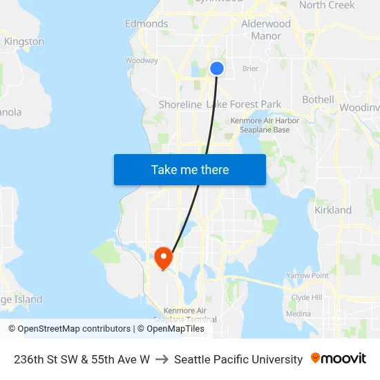 236th St SW & 55th Ave W to Seattle Pacific University map