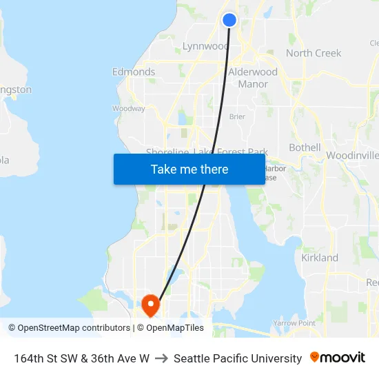 164th St SW & 36th Ave W to Seattle Pacific University map