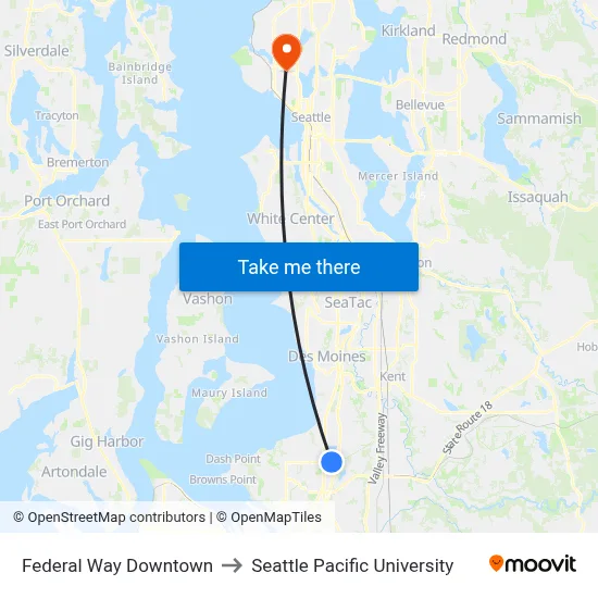 Federal Way Downtown to Seattle Pacific University map