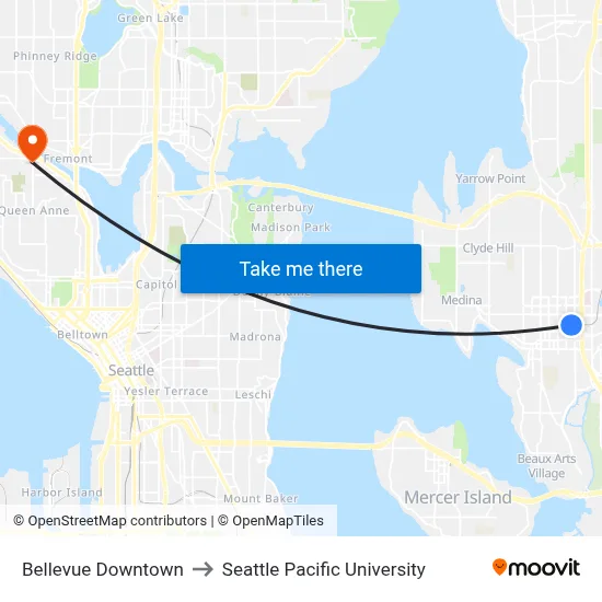 Bellevue Downtown to Seattle Pacific University map