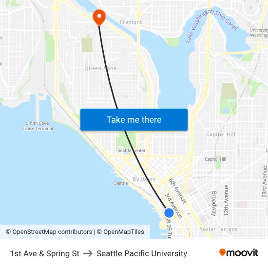 1st Ave & Spring St to Seattle Pacific University map