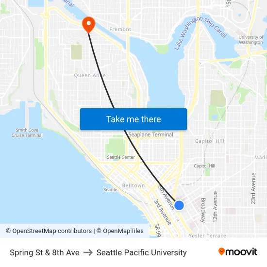 Spring St & 8th Ave to Seattle Pacific University map