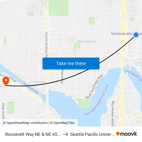 Roosevelt Way NE & NE 45th St to Seattle Pacific University map