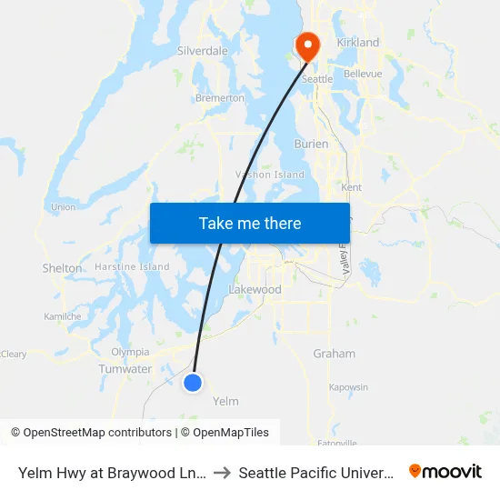 Yelm Hwy at Braywood Ln W to Seattle Pacific University map