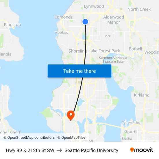 Hwy 99 & 212th St SW to Seattle Pacific University map
